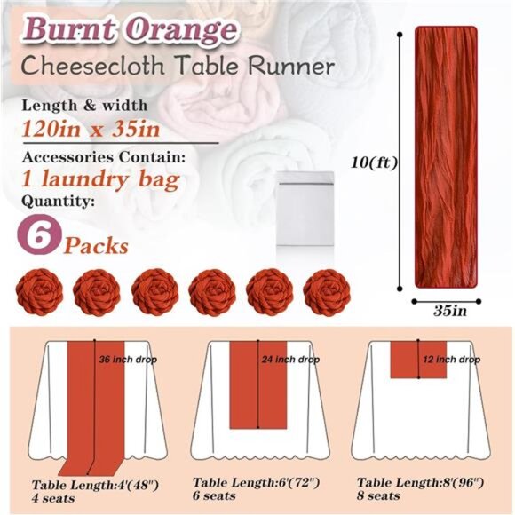 Burnt Orange Cheesecloth Table Runner 6 Pack 35" Boho Gauze 120 inches - Picture 2 of 7